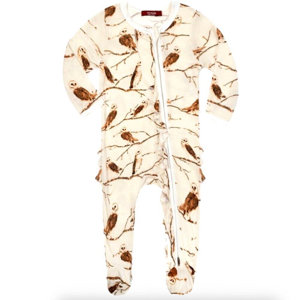 NWT! Milkbarn Owl Bamboo Ruffle Zipper Footed Romper Size 3-6M